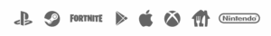 Recharge.com parter brands: Logos of PlayStation, Steam, Fortnite, Google Play, Apple, Xbox, Riot Games, and Nintendo.