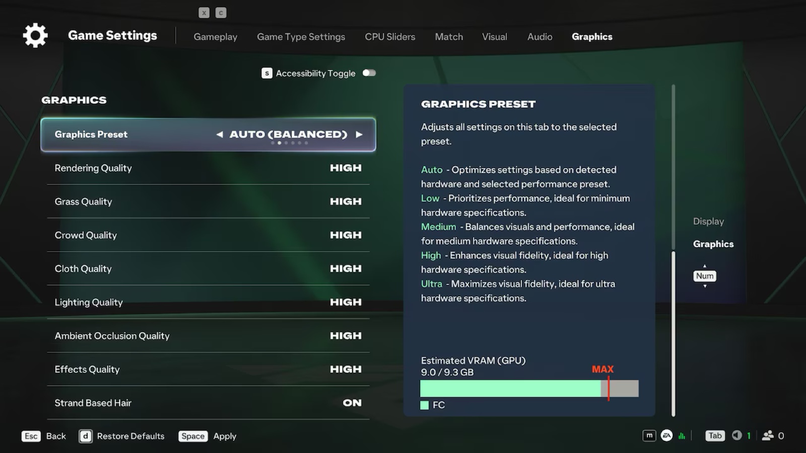 FC 27 graphics settings showing the Auto Balanced preset and estimated GPU VRAM usage